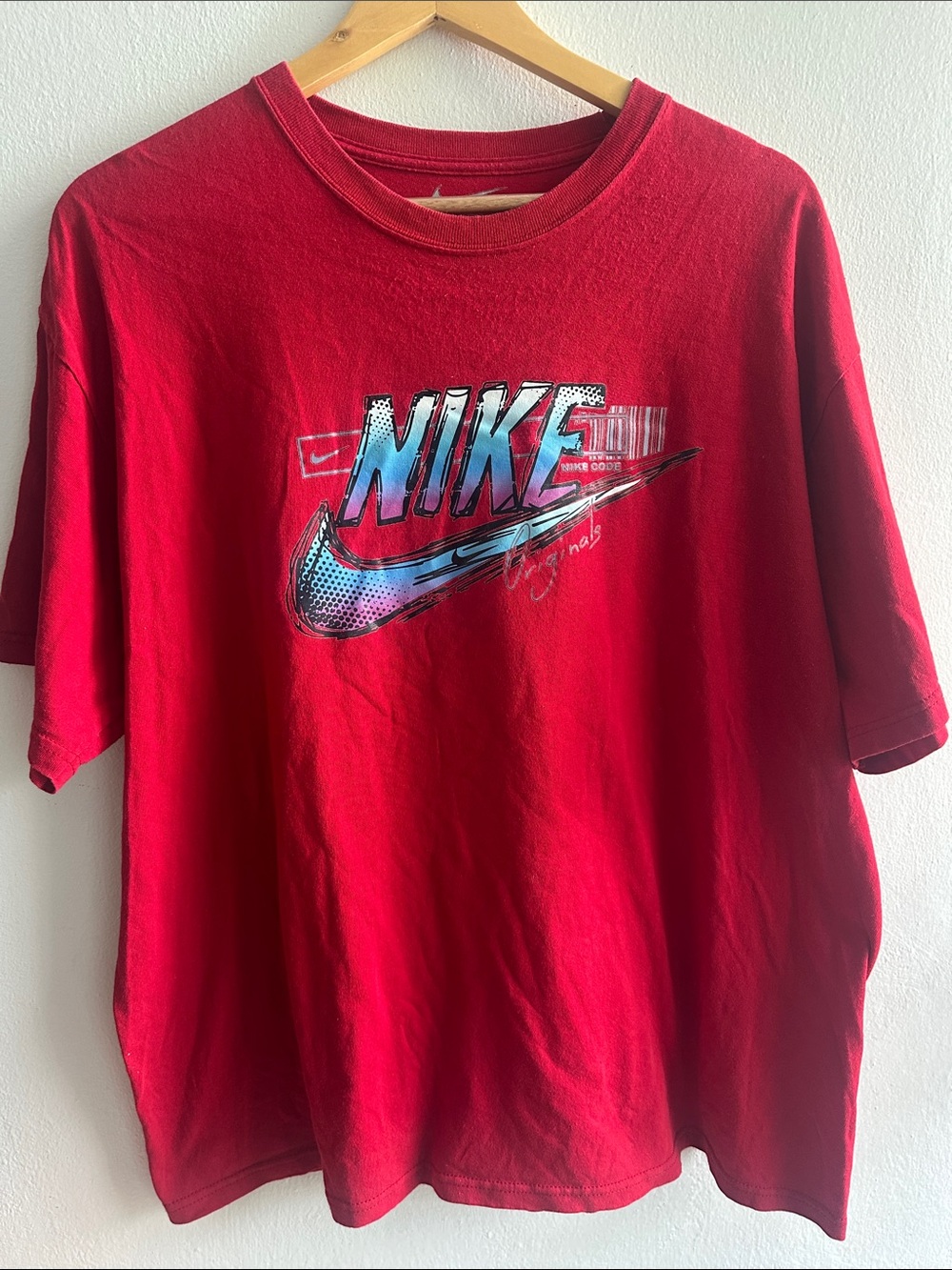Nike Red Tee with Blue Gradient Swoosh Graphic